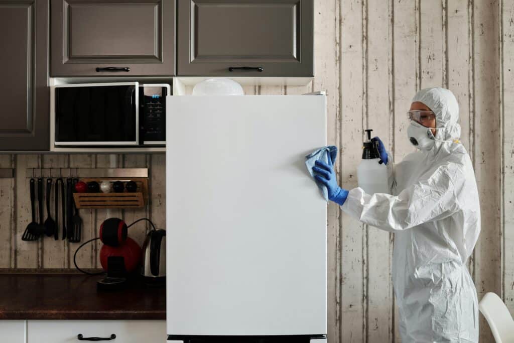 A person in protective gear cleaning a kitchen appliance to ensure hygiene.